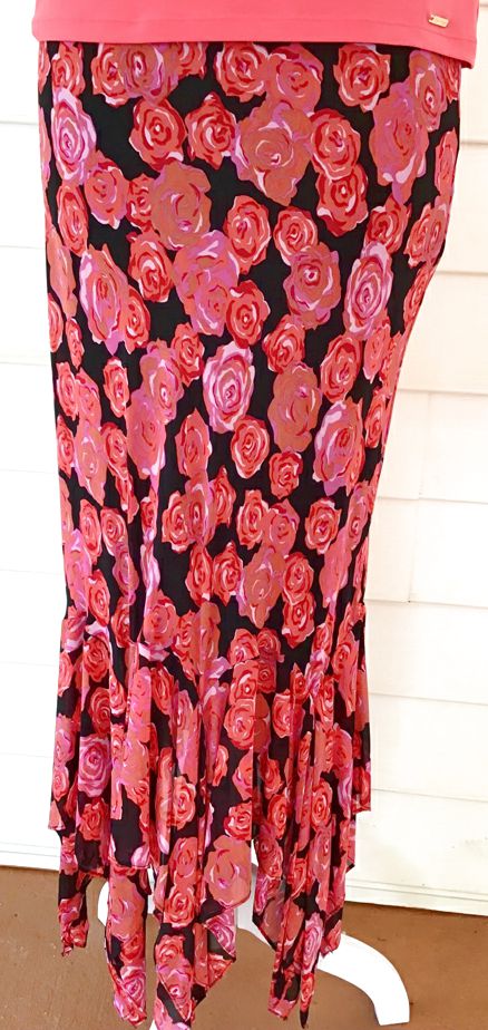 BETSEY JOHNSON Vintage Blk Red Pink Rose Asym Hem Maxi Skirt