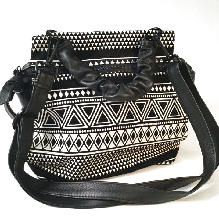 DANIELLA LEHAVI Black White Geometric Suede Top Handle Crossbody