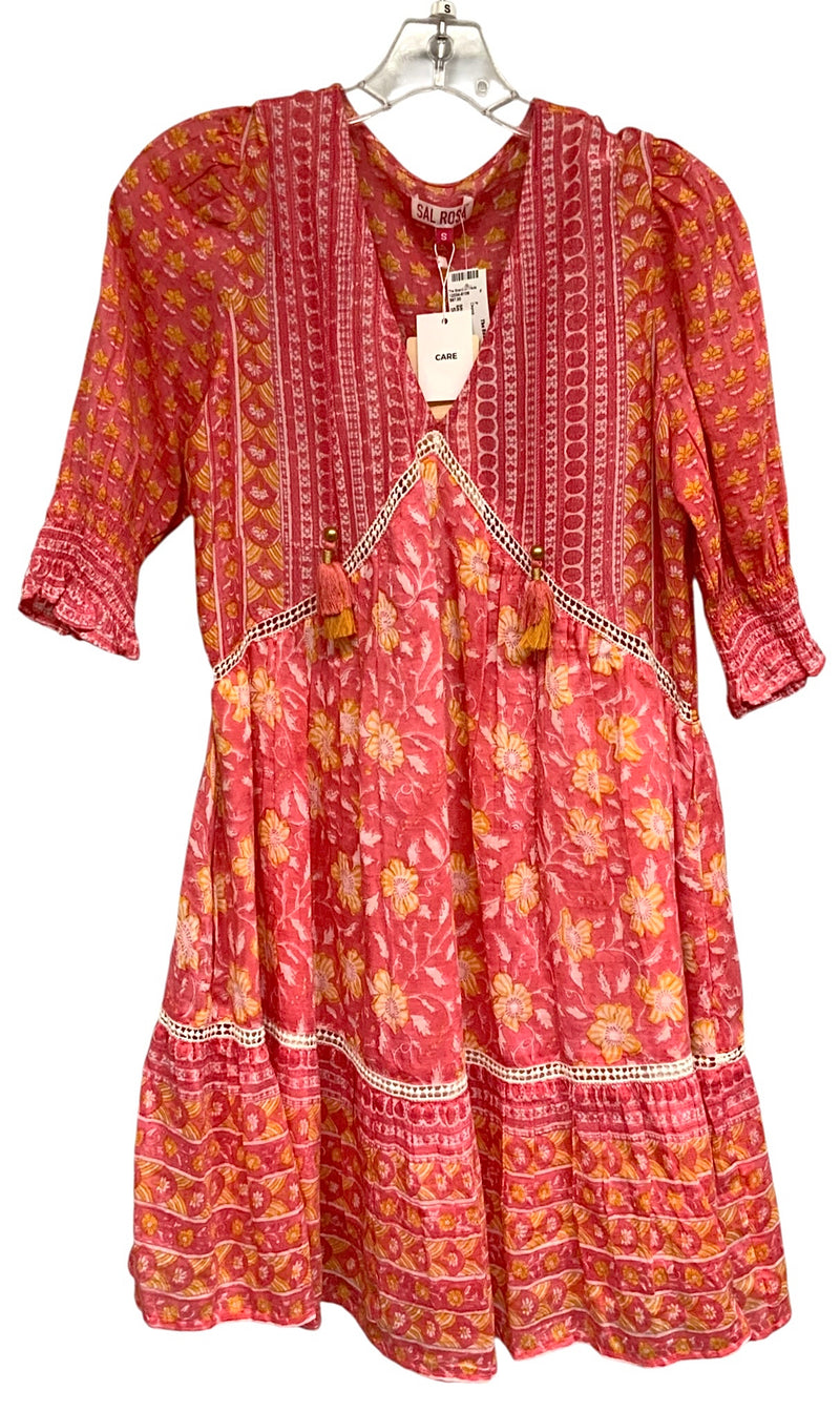 SAL ROSA Pink/Yellow Floral Tassel Tie Dress