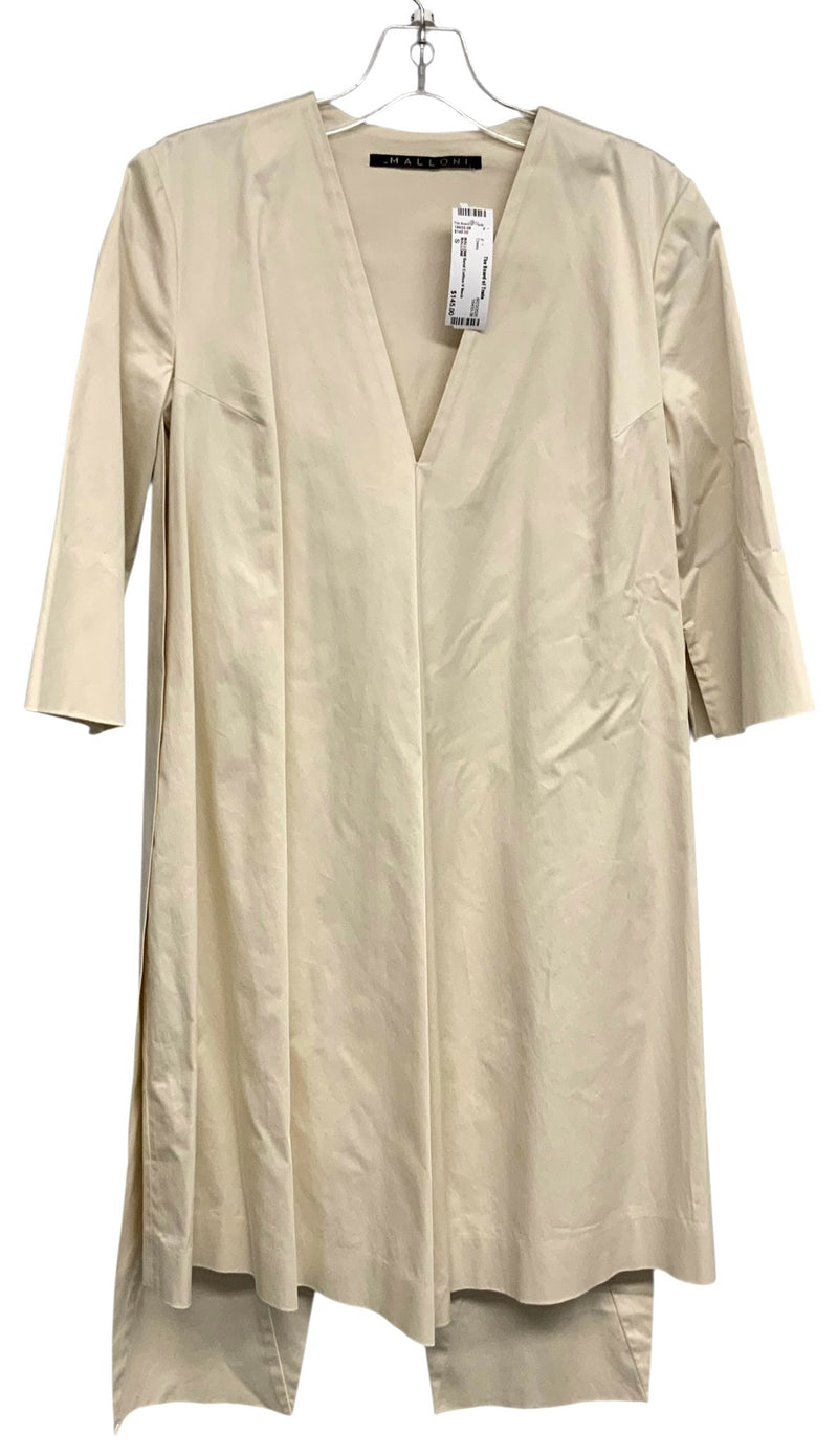 MALLONI Sand Cotton V Neck Asymmetrical Draped Panel Back Dress