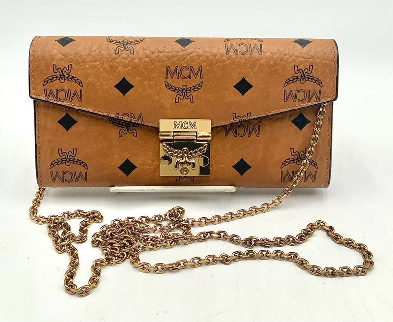 MCM Cognac Visoetos Pushlock Patricia Chain Wallet