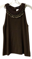 MAGASCHONI Brown w/Crochet & Metal Rings Collar S/L Top