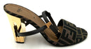 FENDI Brown Tabacco FF Canvas Goldtone 95MM Traced Heel Sandals 36.5