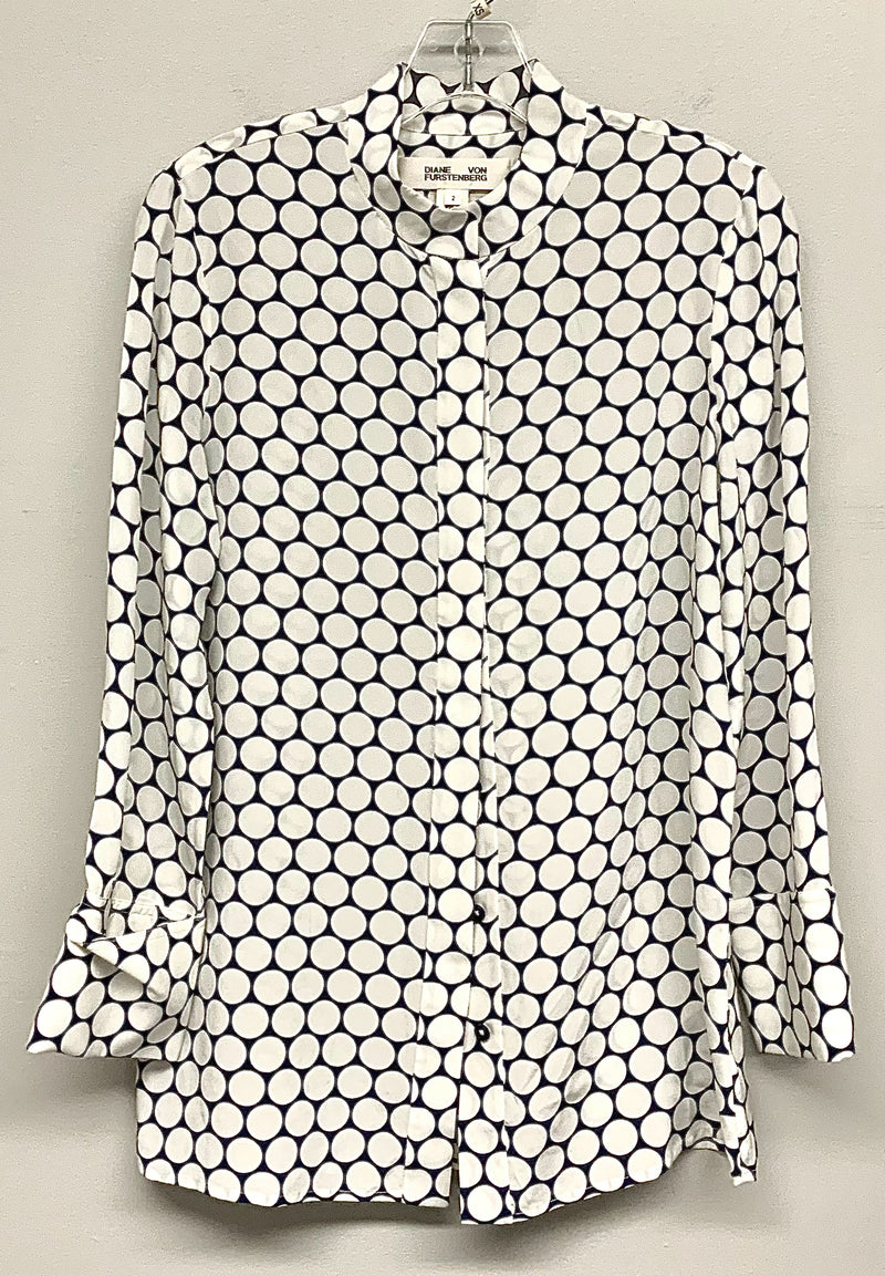 DIANE VON FURSTENBERG Navy/White Dot Silk L/S B/D Top