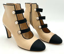 CHANEL Nude Leather Black Grosgrain Ribbon Pearl H/H Booties 41