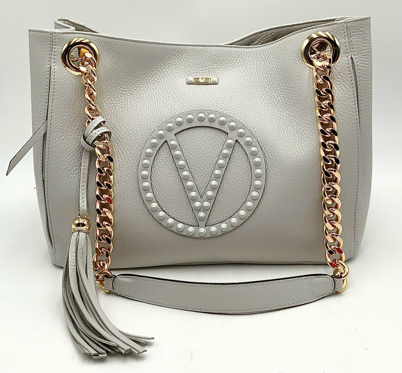 Mario Valentino White Leather Studded Logo Chain Tote