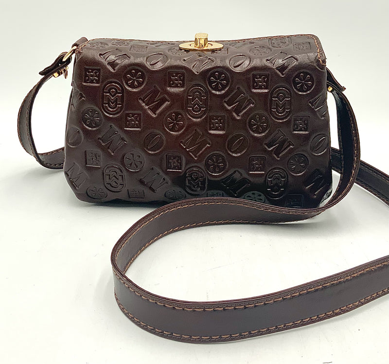 MARINO ORLANDI Brown Leather Embossed Logo Turnlock Crossbody Bag