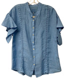 120% LINO Blue Flutter Sleeve B/D Linen Top