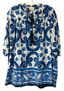 TUCKERNUCK Blue/Navy/White Print w/Tassel Tie Fringe Hem 3/4 Sleeve Dress