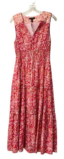 TRIBAL Pink/White/Fuschia Floral V-Neck Drawstring Waist S/L Dress