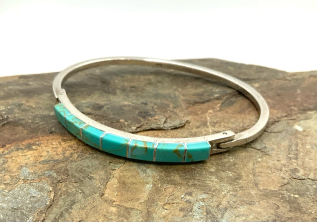 Mexico Sterling & Turquoise Inlay Hinged Bangle