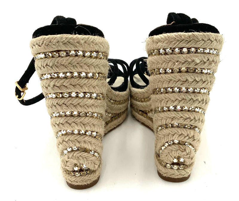 SOPHIA WEBSTER Black Suede Crystal Inset Espadrille Alina Wedge Sandals 38