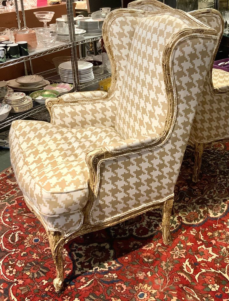 Carved Wood Wing Chair with Houndstooth Upholstery