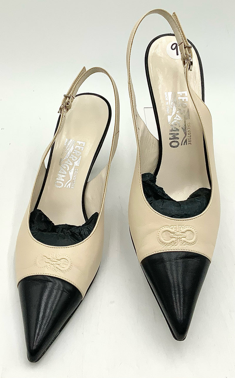 FERRAGAMO Ivory Black Cap Toe Stitched Logo Pointed Slingback Heels 9