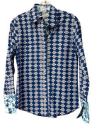 TIZZIE Blue/White "Knot" Print w/Contrasting Cuff L/S B/D Top