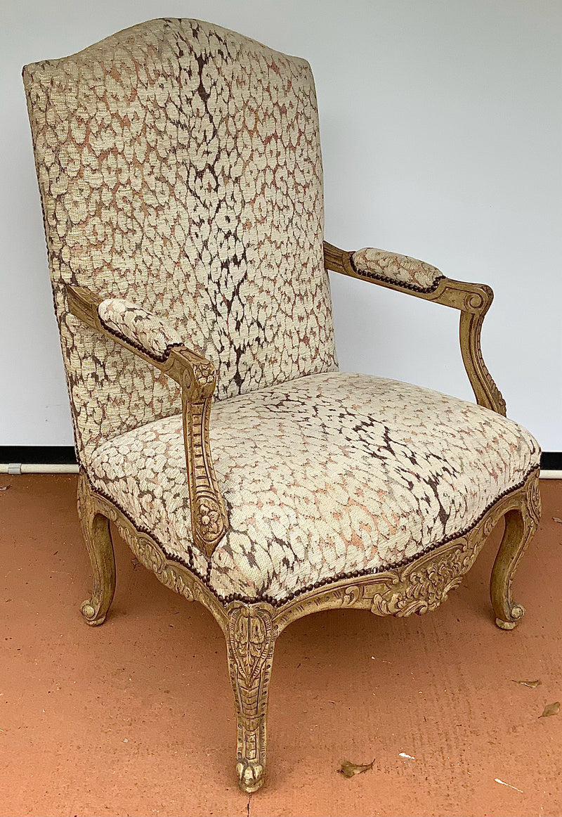 Carved Wood Armchair with Neutral Animal Print Upholstery