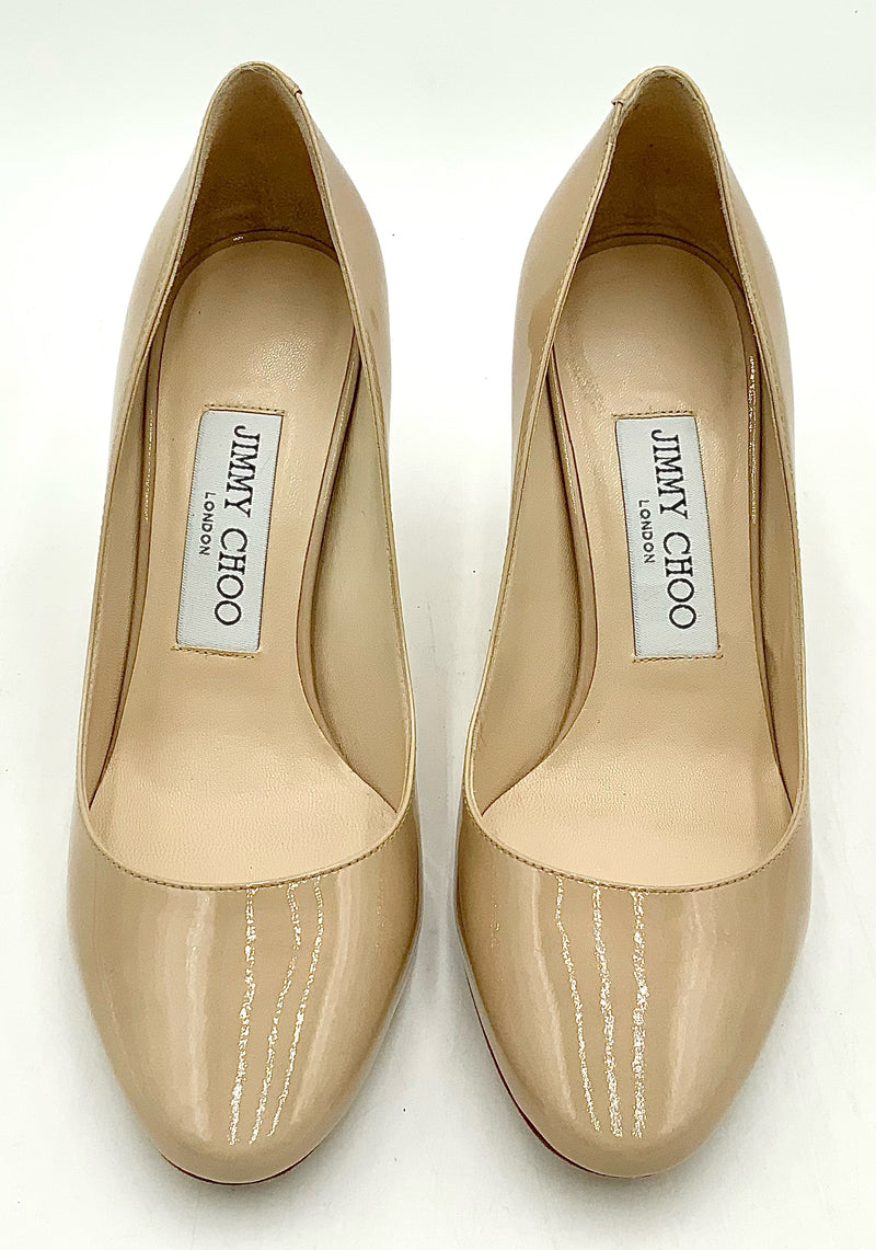 JIMMY CHOO Nude Patent Esme Almond Toe H/H Pumps 5.5