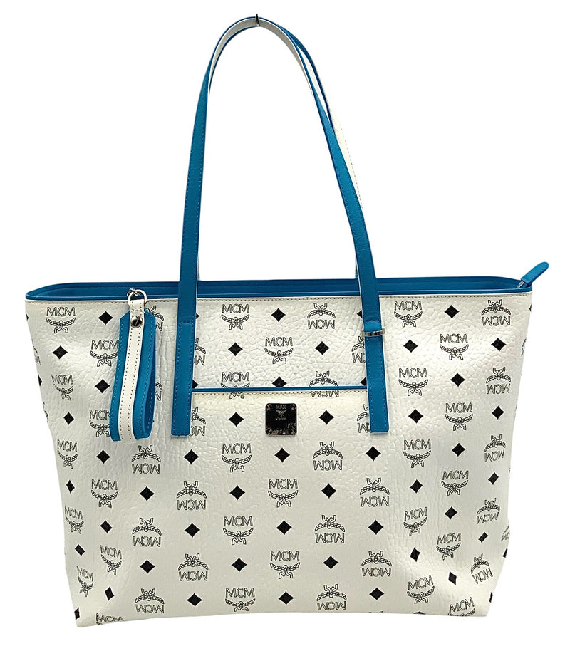 MCM White Black Coated Canvas Visetos Blue Trim Anya Tote