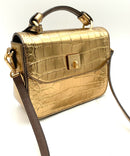 MCM Gold Croc Embossed Leather Turnlock Top Handle Crossbody Bag