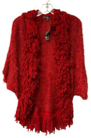 SIONI Red Sequined w/Curly Yarn Fringe Open S/S Sweater
