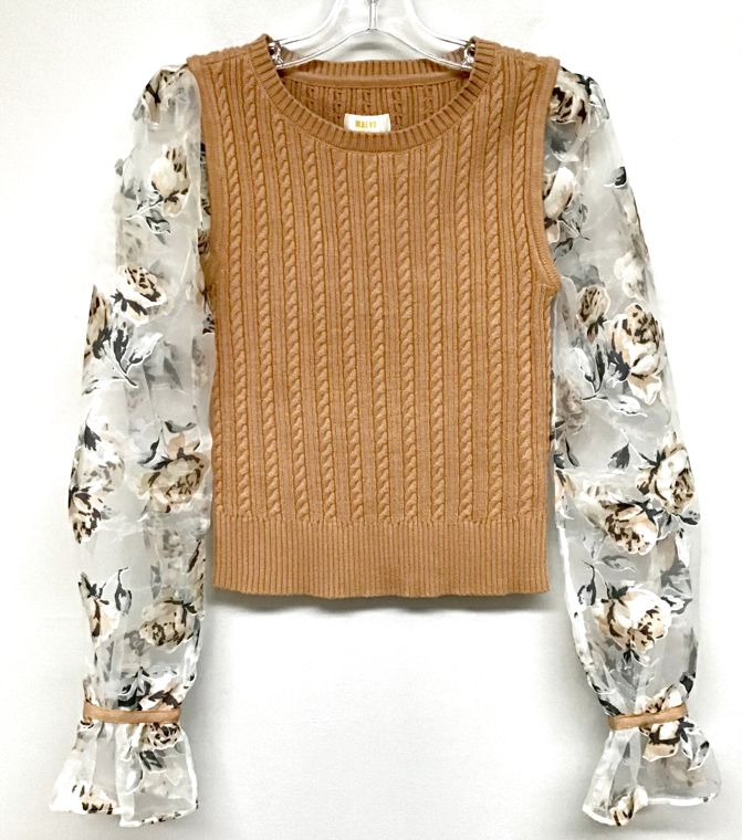 MAEVE Camel Cable Knit Sheer Floral Sleeve Sweater