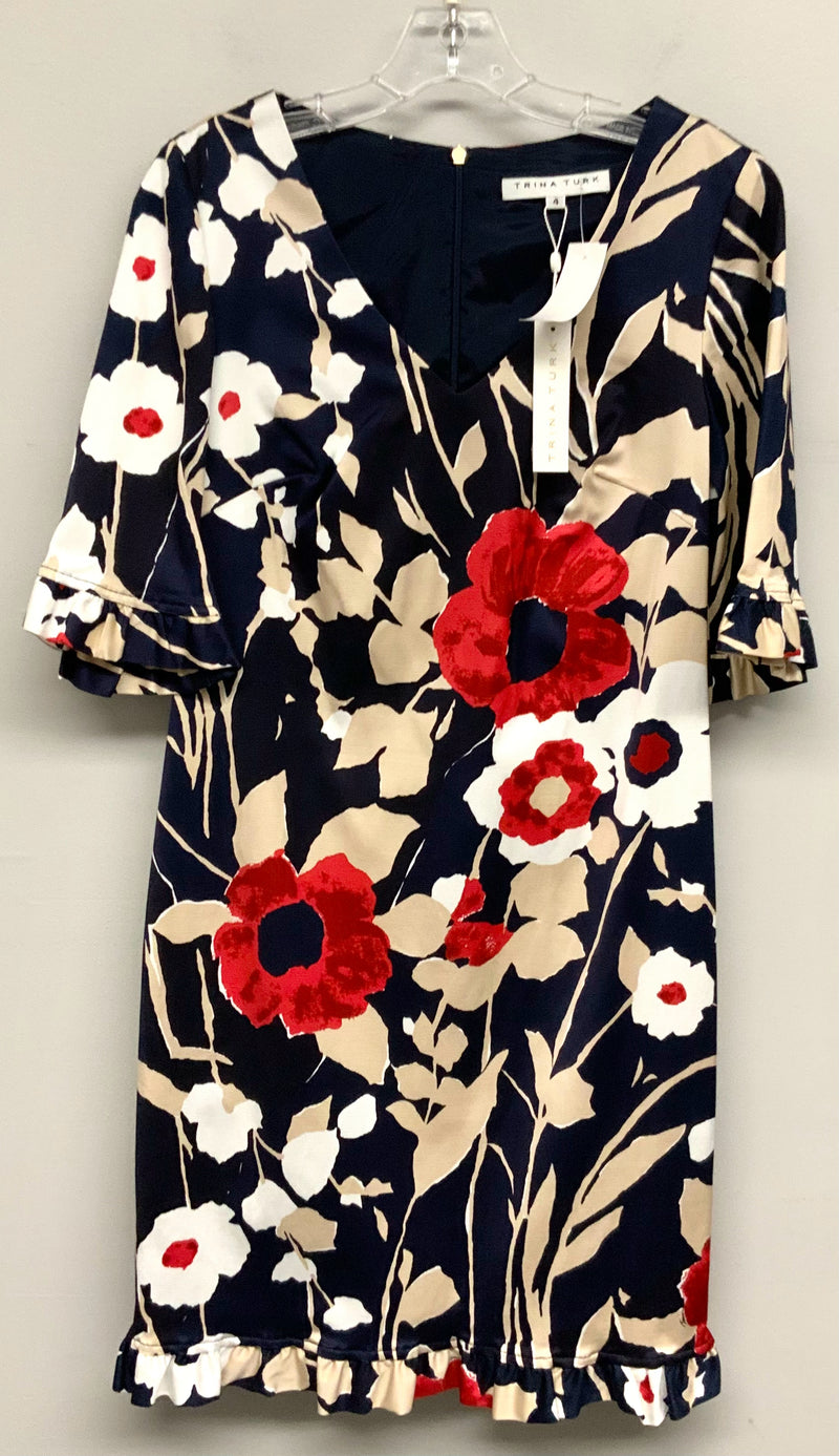 TRINA TURK Navy/White/Red Floral V-Neck Ruffle Trim Dress