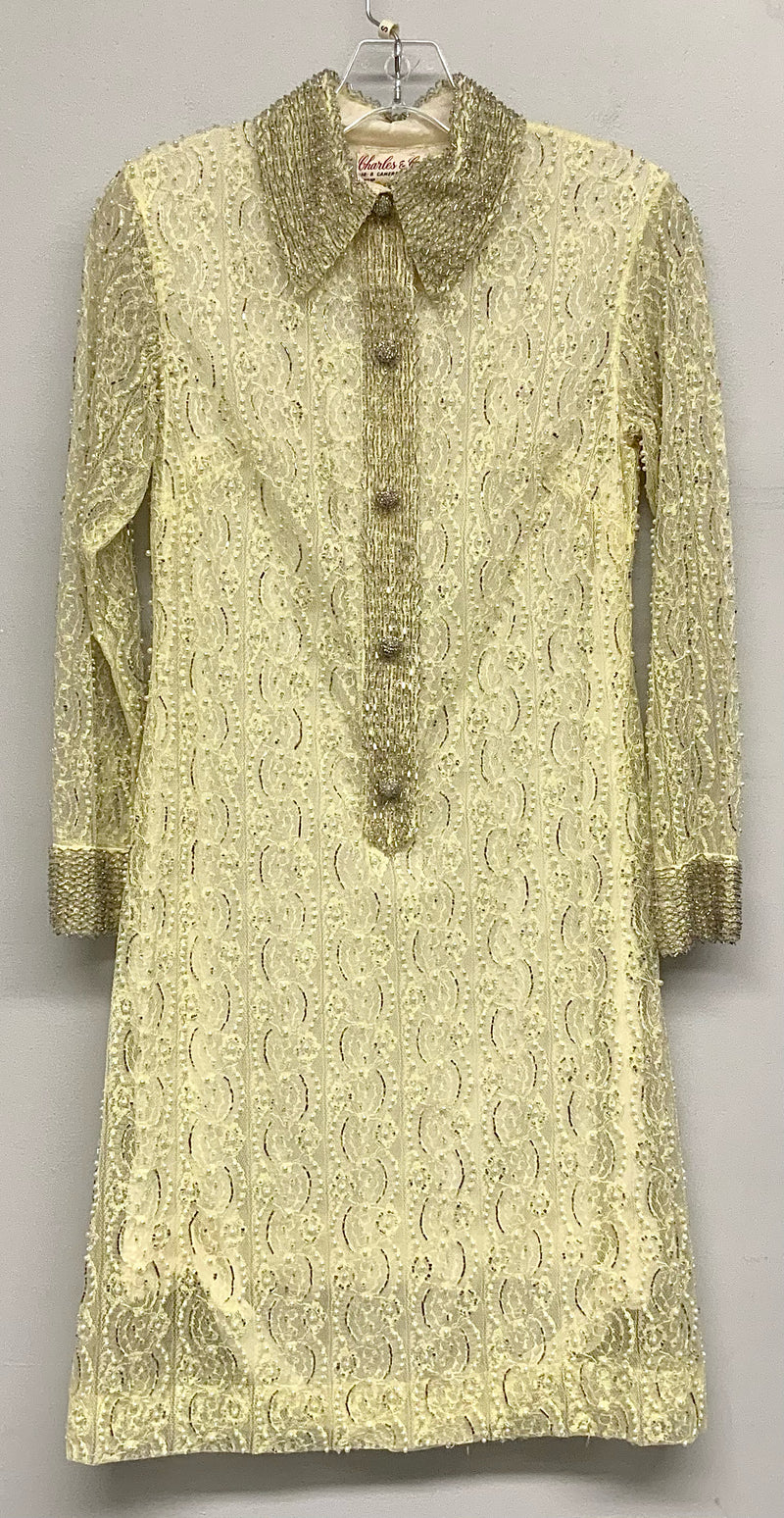 CHARLES & CO Vintage Pale Yellow Silver Beaded Pearl L/S Shirt Dress