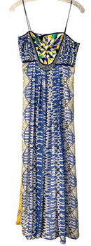 RANA GILL Blue White Yellow Embroidered Beaded Fringe S/L Maxi Dress