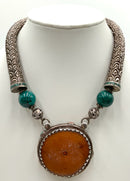 Tibetan Sterling, Amber, Turquoise & Coral Necklace