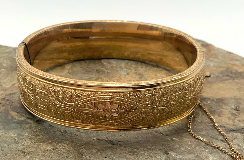 Gold Filled Scroll Pattern Hinged Bangle Bracelet