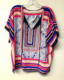 TRINA TURK Blue/Pink/White/Multi Stripe Tie Neck S/S Silk Top