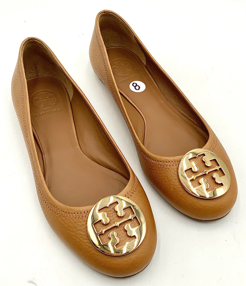 TORY BURCH Tan Leather Goldtone Logo Flats 8