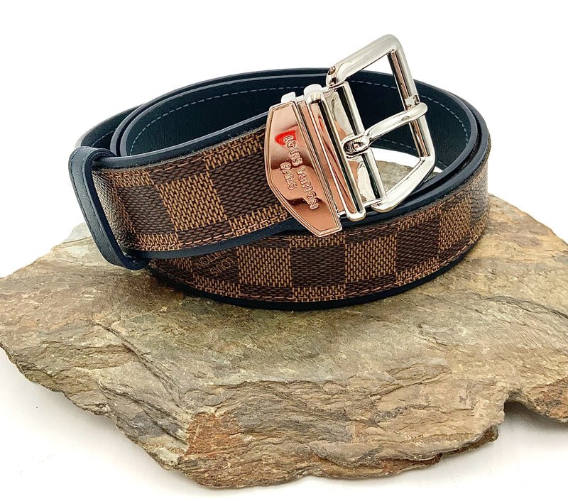 LOUIS VUITTON Blue Leather Damier Ebene Canvas Belt 90cm