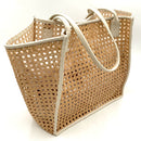 BEMBIEN Ivory Leather Trim Natural Cane Rattan Tote Bag