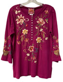 JOHNNY WAS Raspberry w/Multi Floral Embroid 1/2 B/D 3/4 Sleeve Top