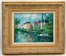 Oil on Canvas of European Village in Gold Frame