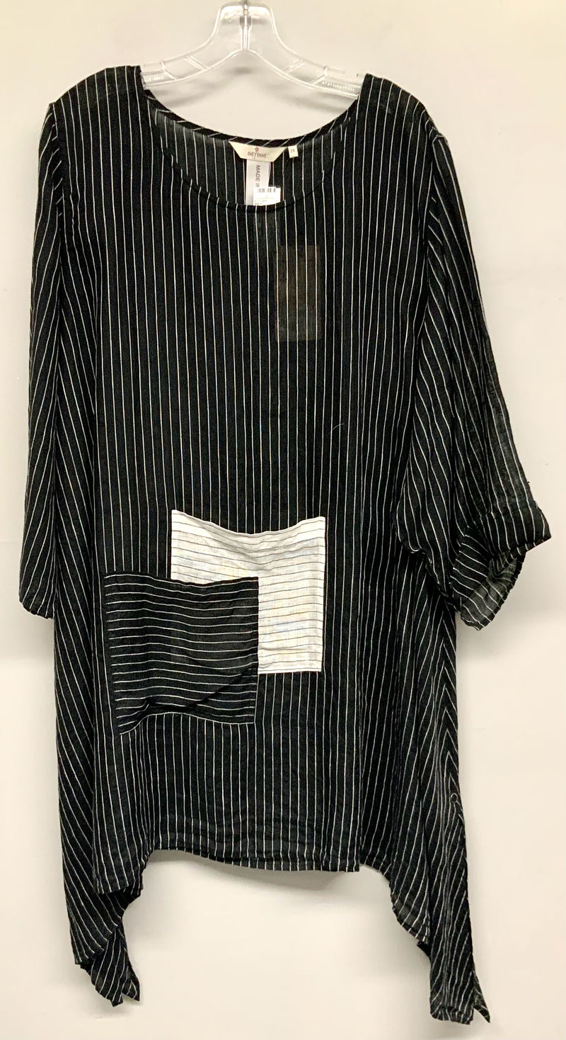 CHEYENNE Black/White Stripe w/Front & Back Pockets 3/4 Sleeve Linen Tunic