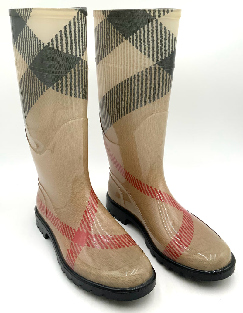 BURBERRY Tan Red Black Check Rubber Rain Boots 39