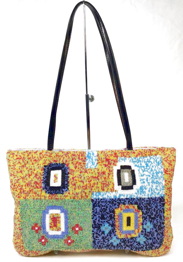 Y & S Vintage Yellow Pink Blue Multi Seed Bead Geometric Tote