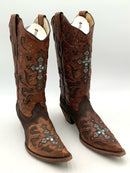 CORRAL Dark Brown Python Brown Distressed Lea Silver Stud Crystal Cross Boots 9