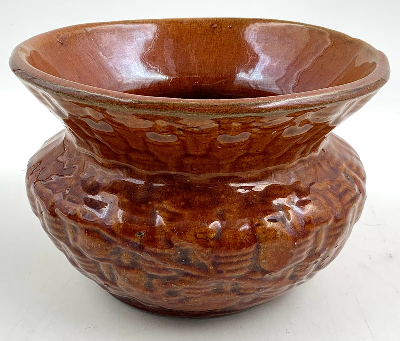 Antique Brown Pottery Spitoon with Basketweave Design