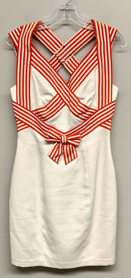 THIERRY MUGLER Vintage 80's White w/Orange & White Stripe Ribbon S/L Dress