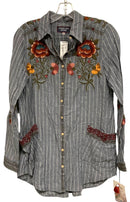 JOHNNY WAS Slate Blue/White Stripe w/Multi Floral Embroid L/S B/D Top