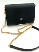 TORY BURCH Black Saffiano Leather Brushed Gold Chain Strap Crossbody