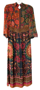 FARM RIO Green Pink Red Floral Full Sv Mock Neck Boho Maxi Dress