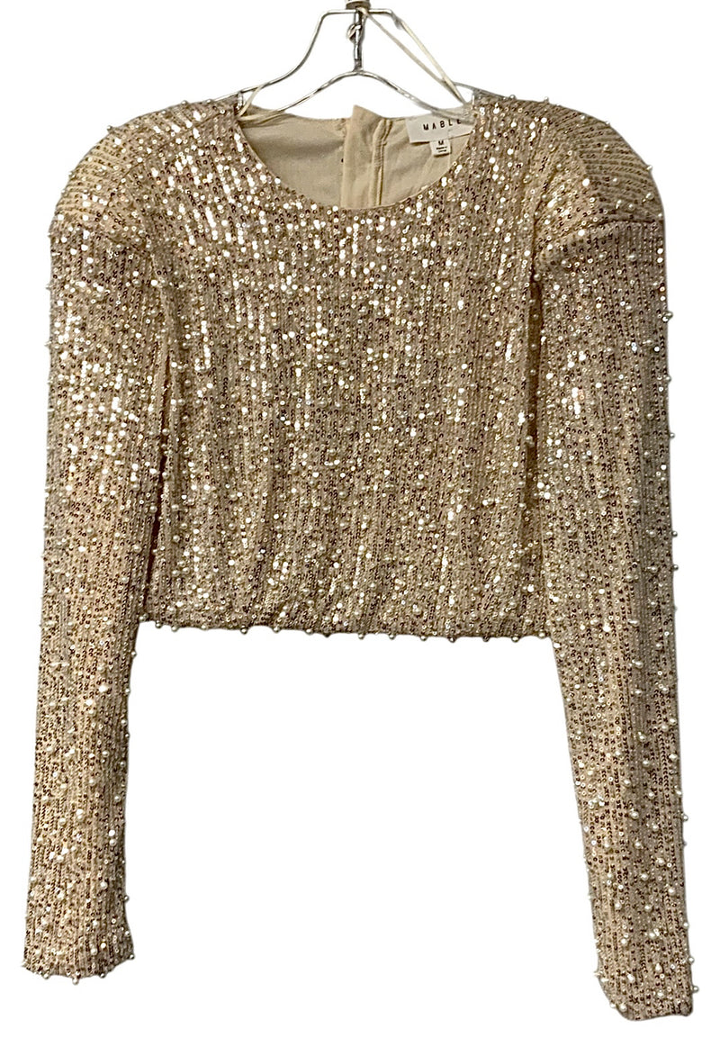 MABLE Champagne w/Faux Pearls & Sequins L/D Crop Top