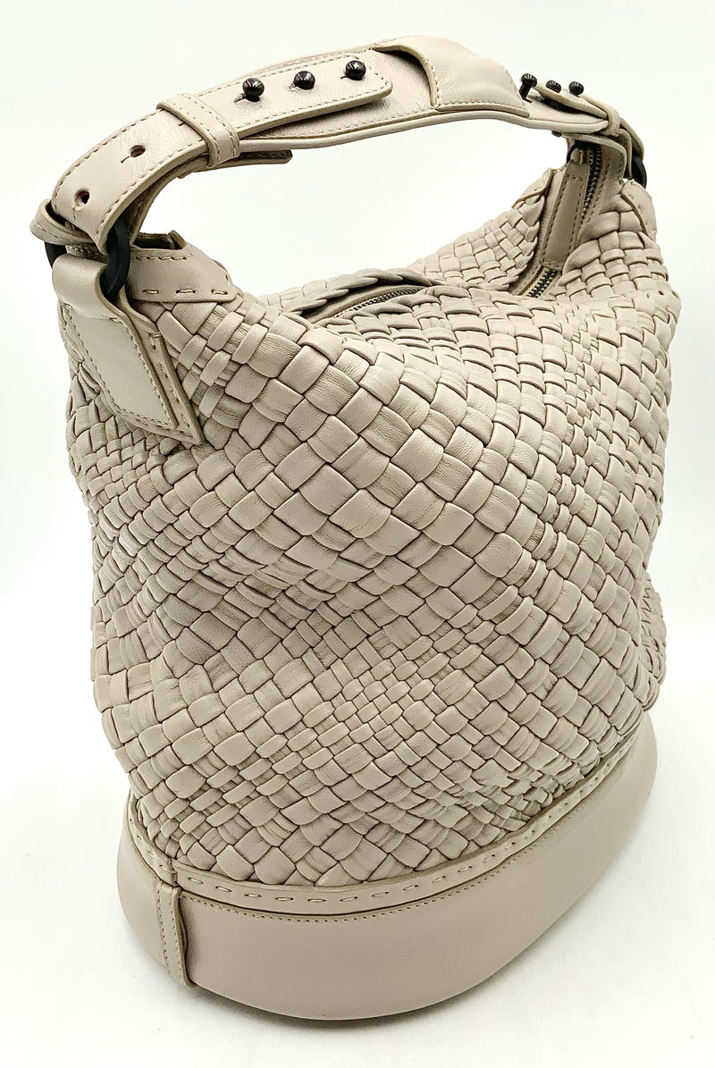 FALOR Italy Grey Woven Leather Bucket Handbag