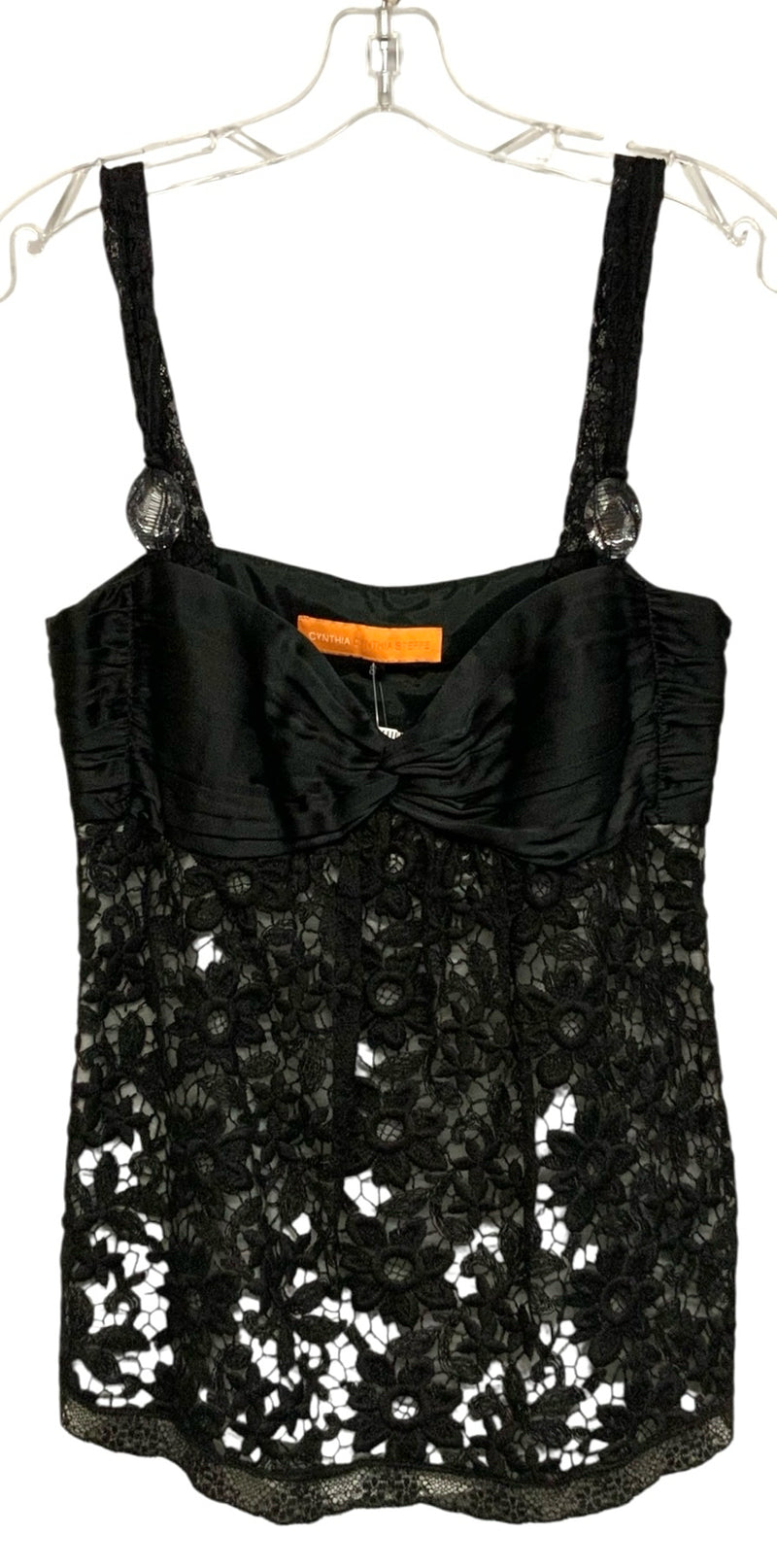 CYNTHIA STEFFE Black Satin Bodice w/Black Lace Overlay Thin Strap Top