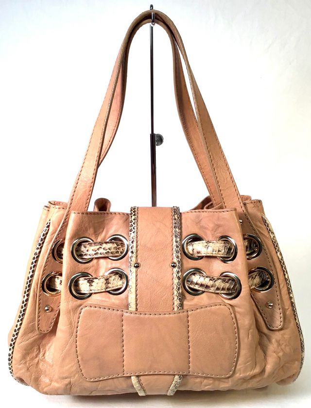 JIMMY CHOO Tan Leather Neutral Python Trim Small Ramona Shoulder Bag