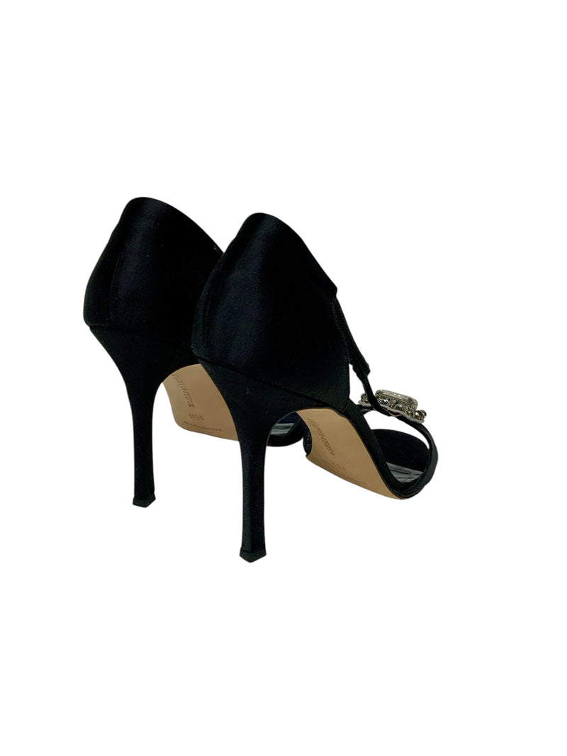 MANOLO BLAHNIK Black Satin Jeweled T-Strap H/H Sandals 38.5